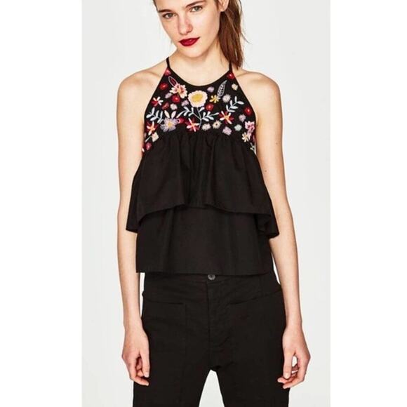 Zara Floral Embroidered Halter Tank Top - Picture 1 of 3